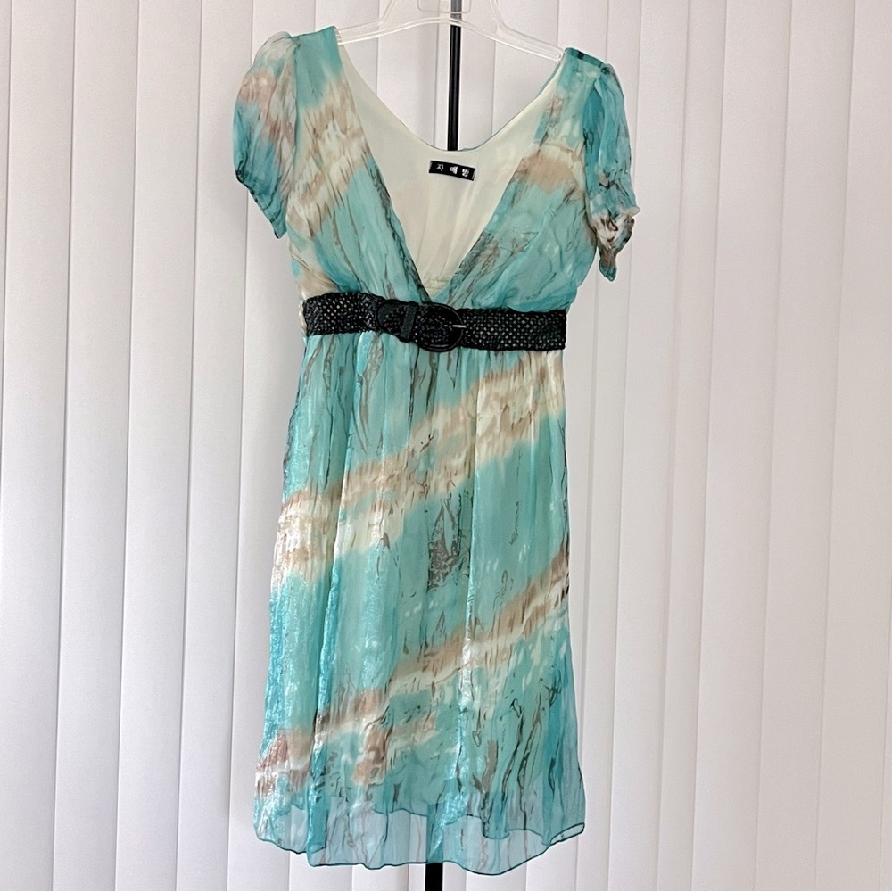 Y2K Aqua Dress with Attached Woven Brown Belt